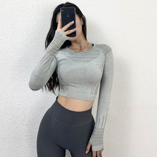 Load image into Gallery viewer, BINAND Hollow Yoga Shirt Sports Crop Top Woman Sport Workout Shirts Yoga Top Sexy Gym Top Fitness Long Sleeve Sport Shirt Women
